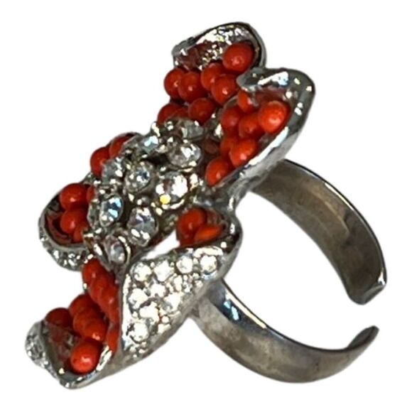 Y2K Orange bead and rhinestone on silver tone large statement ring - Picture 7 of 9